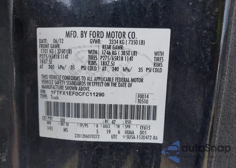 2012 Ford F-150 Xlt from USA, damaged, VIN 1FTFX1EF0CFC11290
